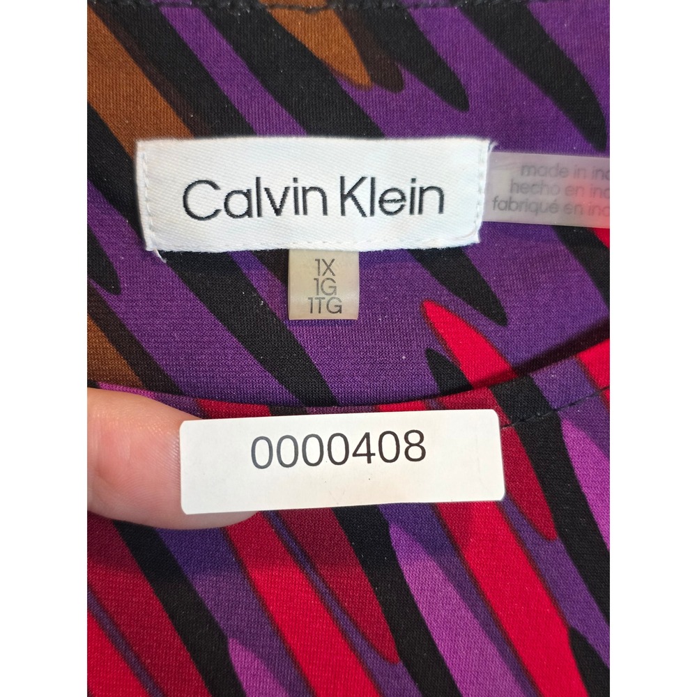 Calvin Klein 1X Plus Size Blouse Purple Pink Abstract 3/4 Sleeve Top CK Logo - Picture 11 of 12